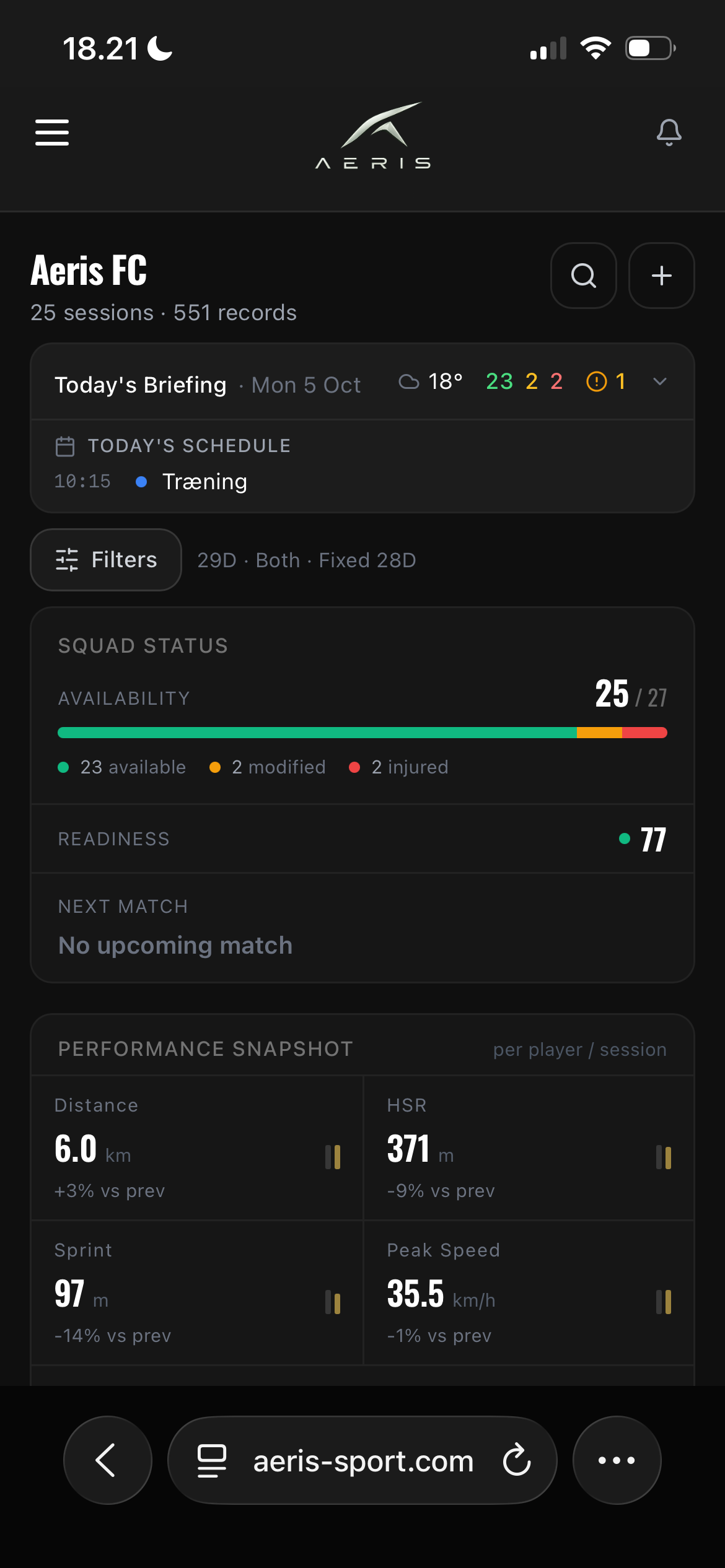 Aeris FC mobile dashboard screen